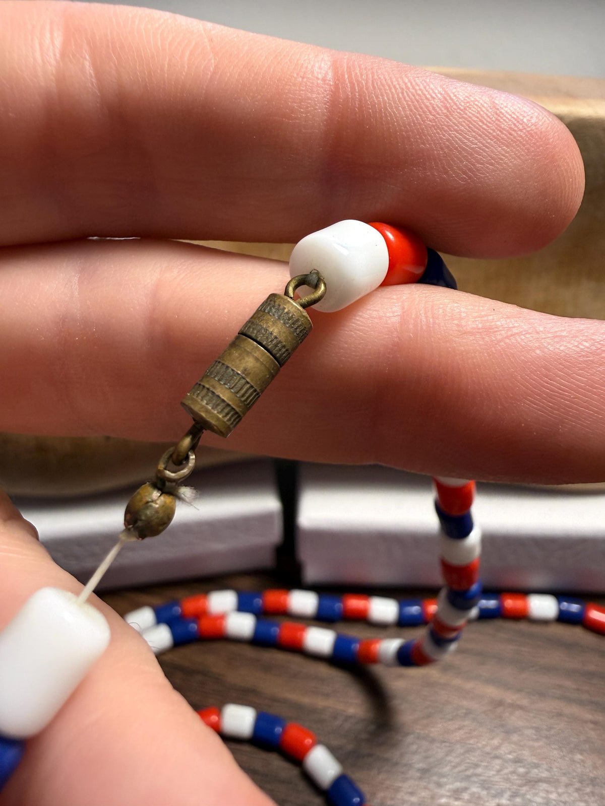 Vintage 1930s Red White and Blue Glass Bead Necklace – Extra Long Flapper Sautoir, Patriotic Czech Style Jewellery