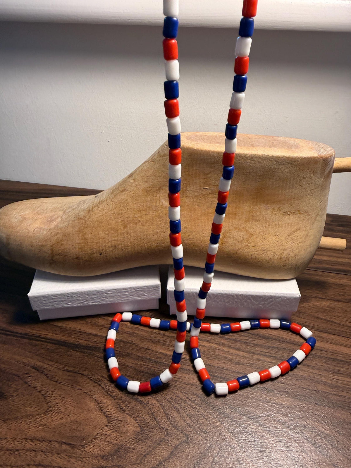Vintage 1930s Red White and Blue Glass Bead Necklace – Extra Long Flapper Sautoir, Patriotic Czech Style Jewellery