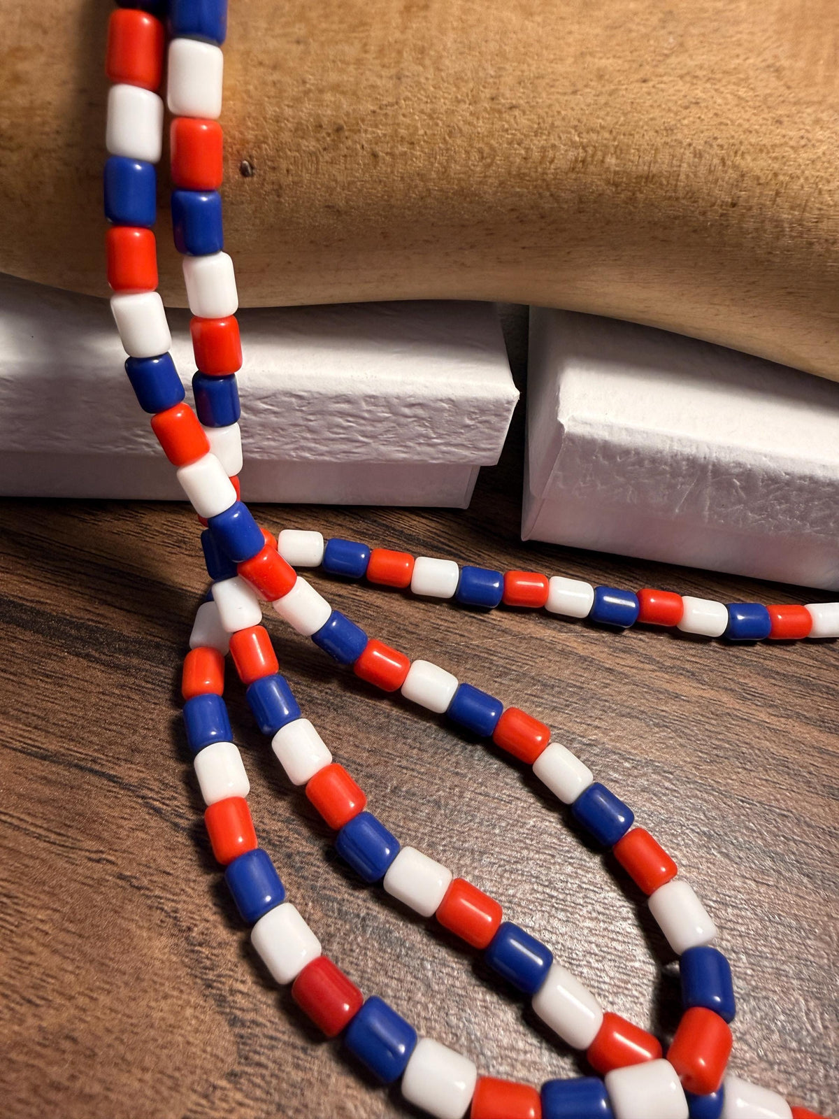 Vintage 1930s Red White and Blue Glass Bead Necklace – Extra Long Flapper Sautoir, Patriotic Czech Style Jewellery