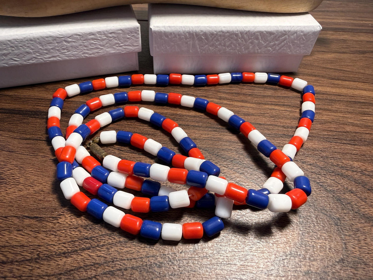 Vintage 1930s Red White and Blue Glass Bead Necklace – Extra Long Flapper Sautoir, Patriotic Czech Style Jewellery