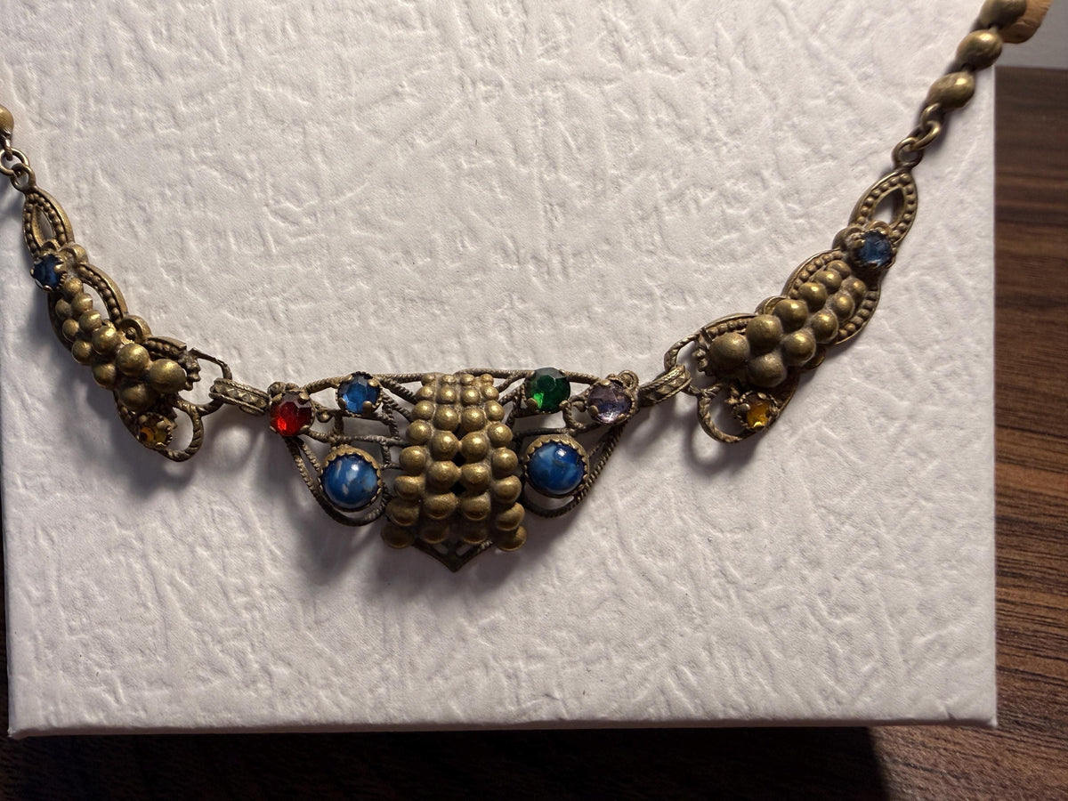 1920s Czech Style Brass Grape Necklace – Art Deco Multicoloured Glass Cabochons, Filigree Statement Jewellery