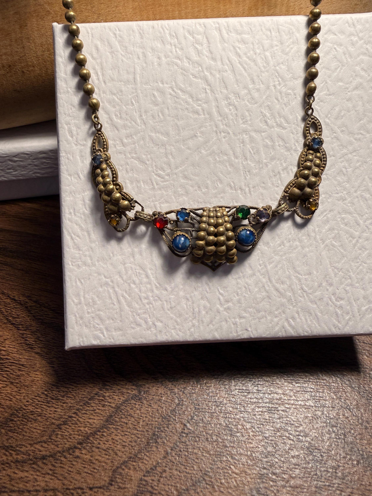 1920s Czech Style Brass Grape Necklace – Art Deco Multicoloured Glass Cabochons, Filigree Statement Jewellery