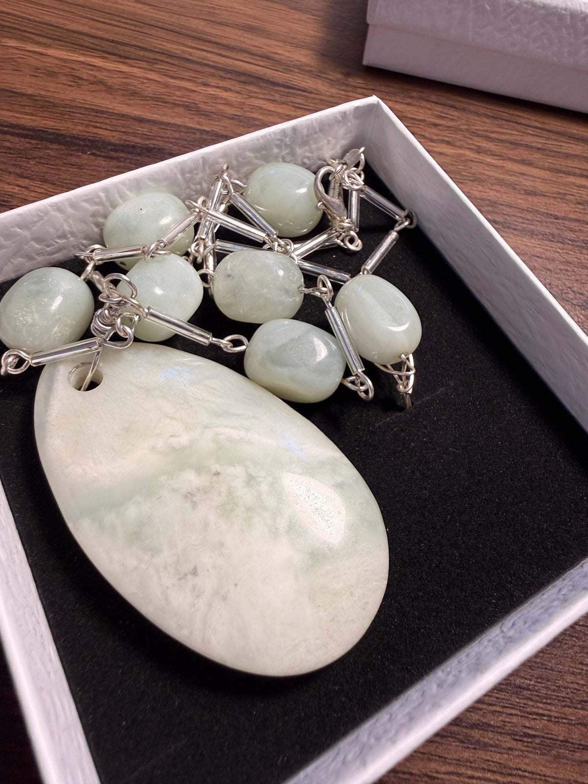Vintage 1970s Pale Green Stone Necklace and Ring Set – Large Pendant, Silver Tone Links, Boho Statement Jewellery