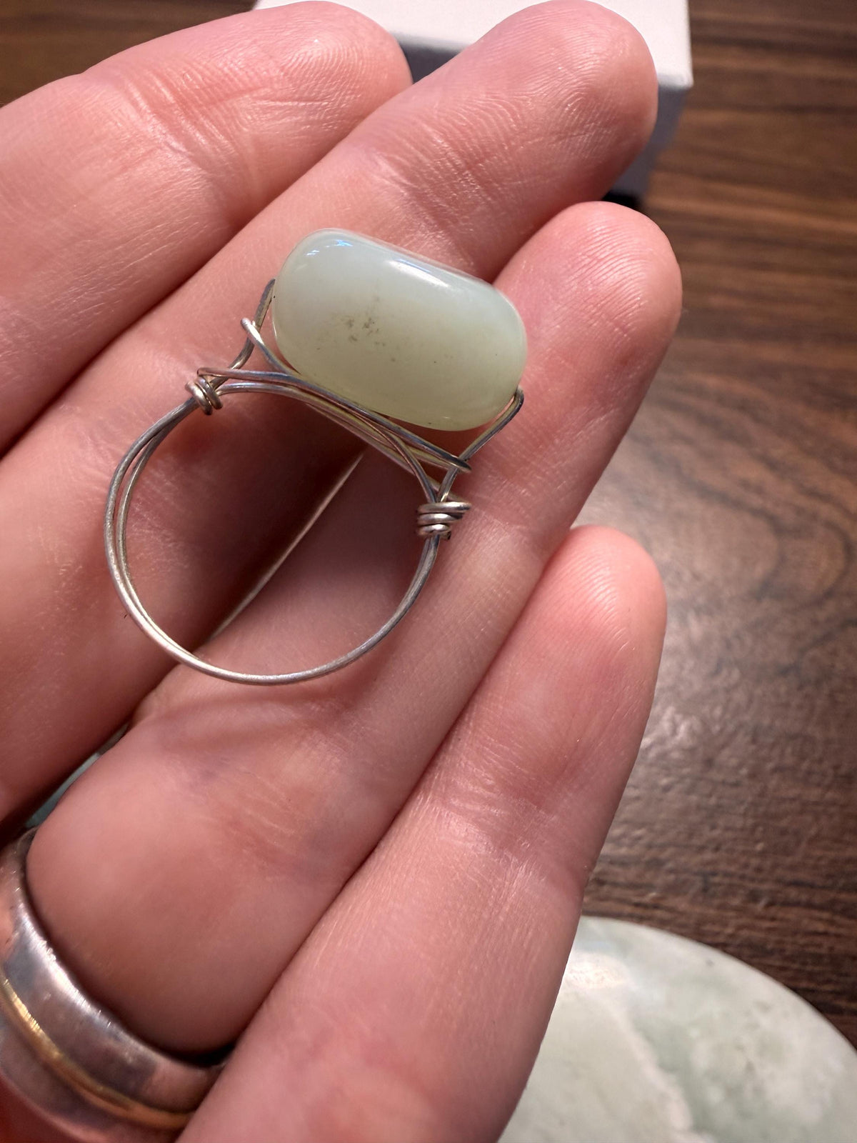 Vintage 1970s Pale Green Stone Necklace and Ring Set – Large Pendant, Silver Tone Links, Boho Statement Jewellery