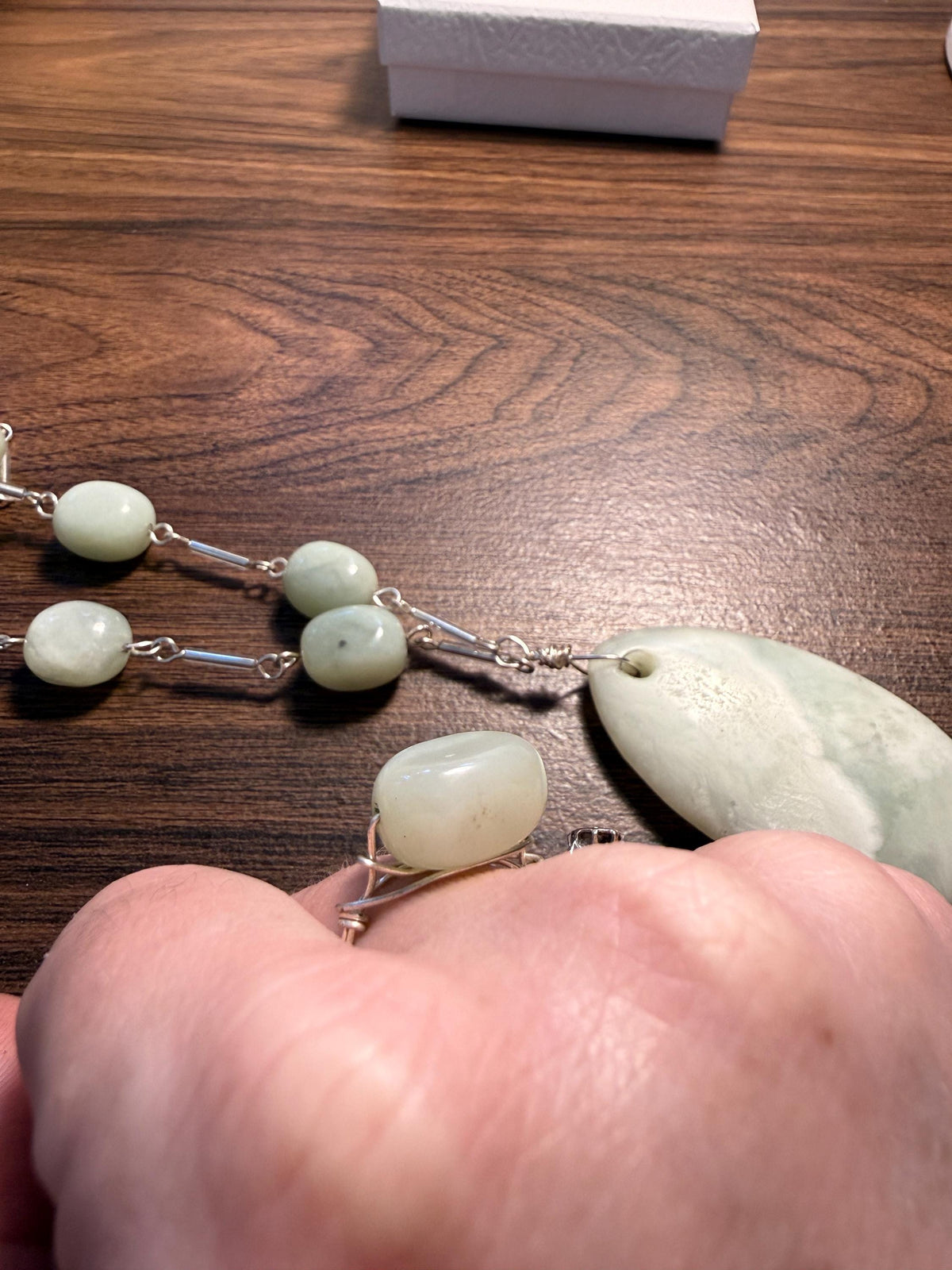 Vintage 1970s Pale Green Stone Necklace and Ring Set – Large Pendant, Silver Tone Links, Boho Statement Jewellery