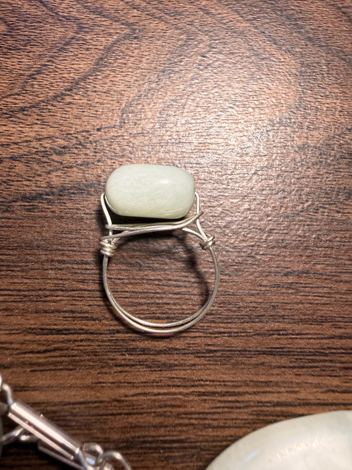 Vintage 1970s Pale Green Stone Necklace and Ring Set – Large Pendant, Silver Tone Links, Boho Statement Jewellery