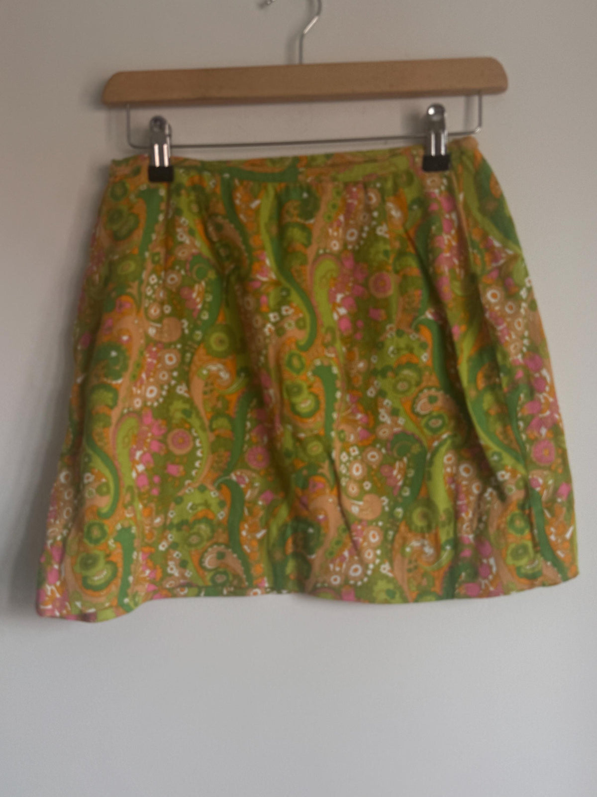 1960s Green Paisley Mini Skirt, Fine Corduroy A-Line Skirt, Pink Orange Psychedelic Print, Vintage Mod Go-Go Skirt