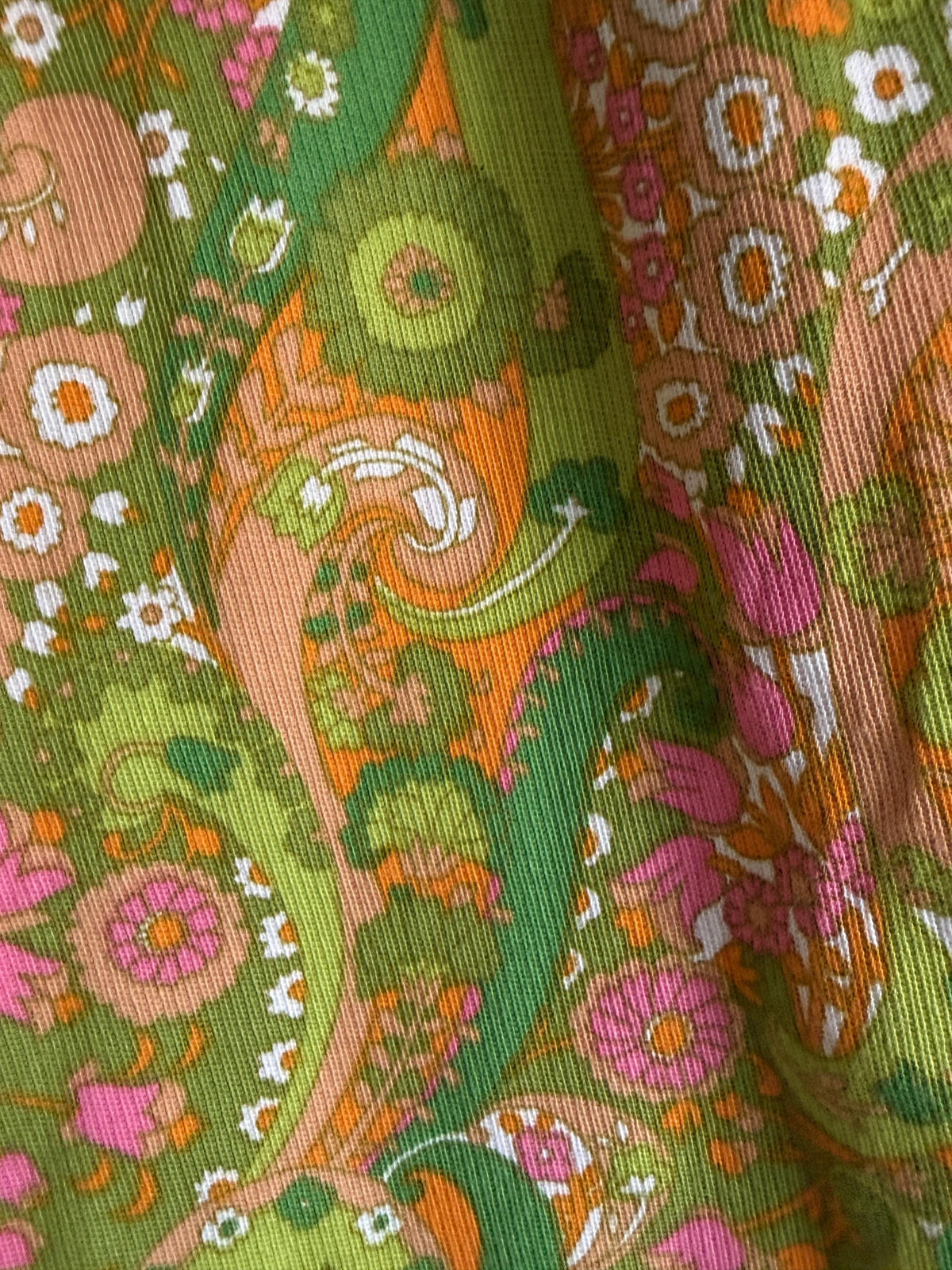 1960s Green Paisley Mini Skirt, Fine Corduroy A-Line Skirt, Pink Orange Psychedelic Print, Vintage Mod Go-Go Skirt