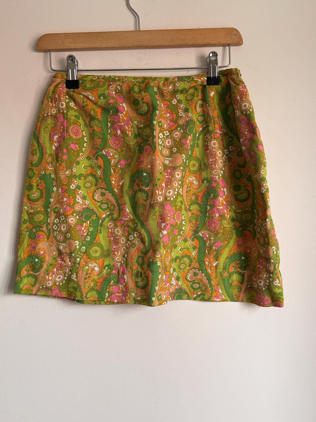 1960s Green Paisley Mini Skirt, Fine Corduroy A-Line Skirt, Pink Orange Psychedelic Print, Vintage Mod Go-Go Skirt