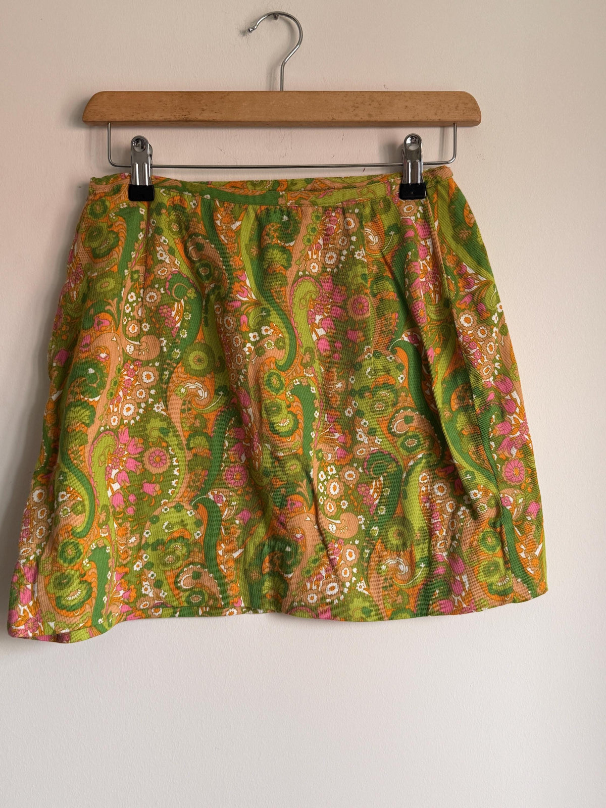 1960s Green Paisley Mini Skirt, Fine Corduroy A-Line Skirt, Pink Orange Psychedelic Print, Vintage Mod Go-Go Skirt