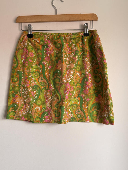 1960s Green Paisley Mini Skirt, Fine Corduroy A-Line Skirt, Pink Orange Psychedelic Print, Vintage Mod Go-Go Skirt