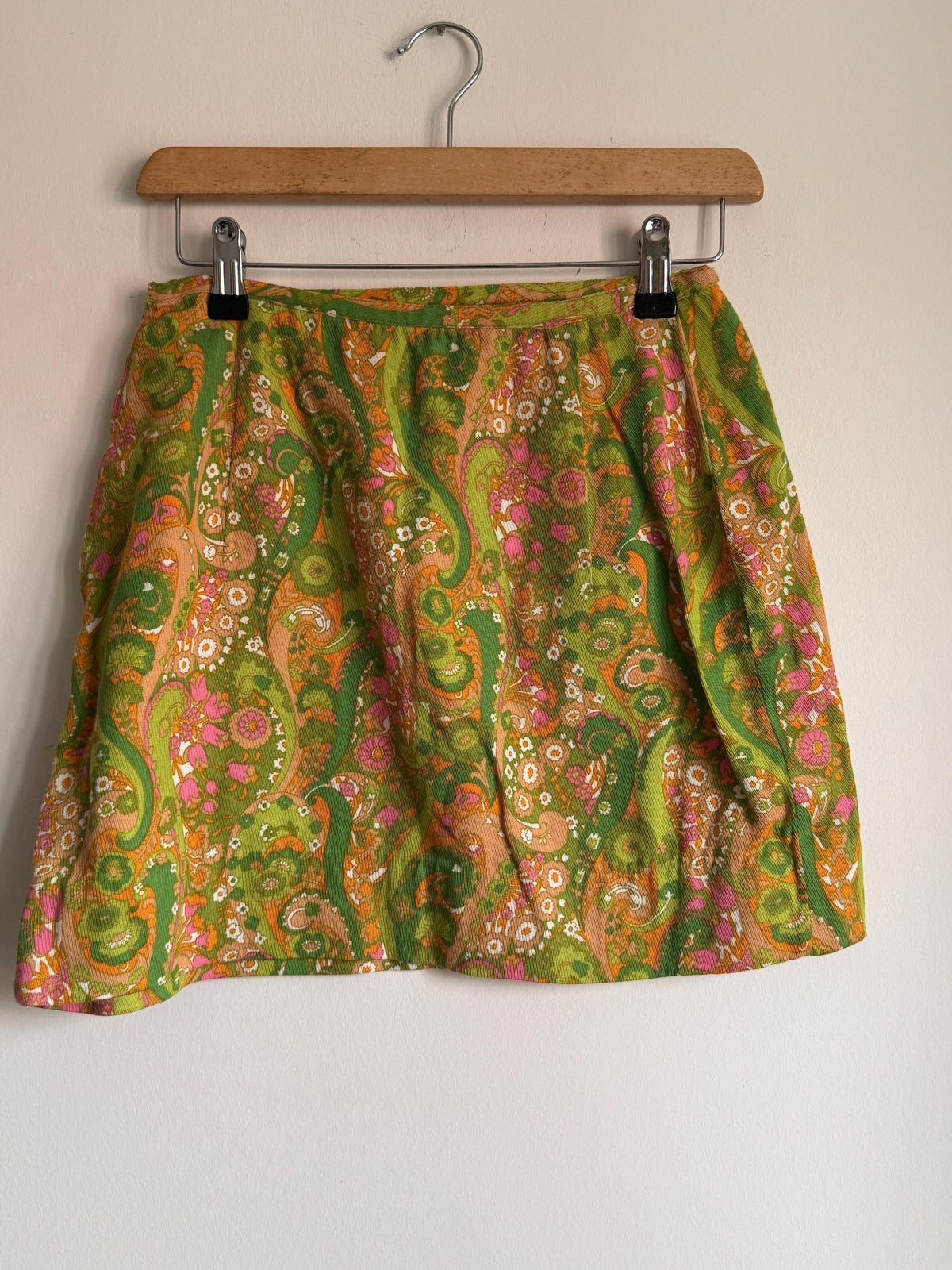 1960s Green Paisley Mini Skirt, Fine Corduroy A-Line Skirt, Pink Orange Psychedelic Print, Vintage Mod Go-Go Skirt