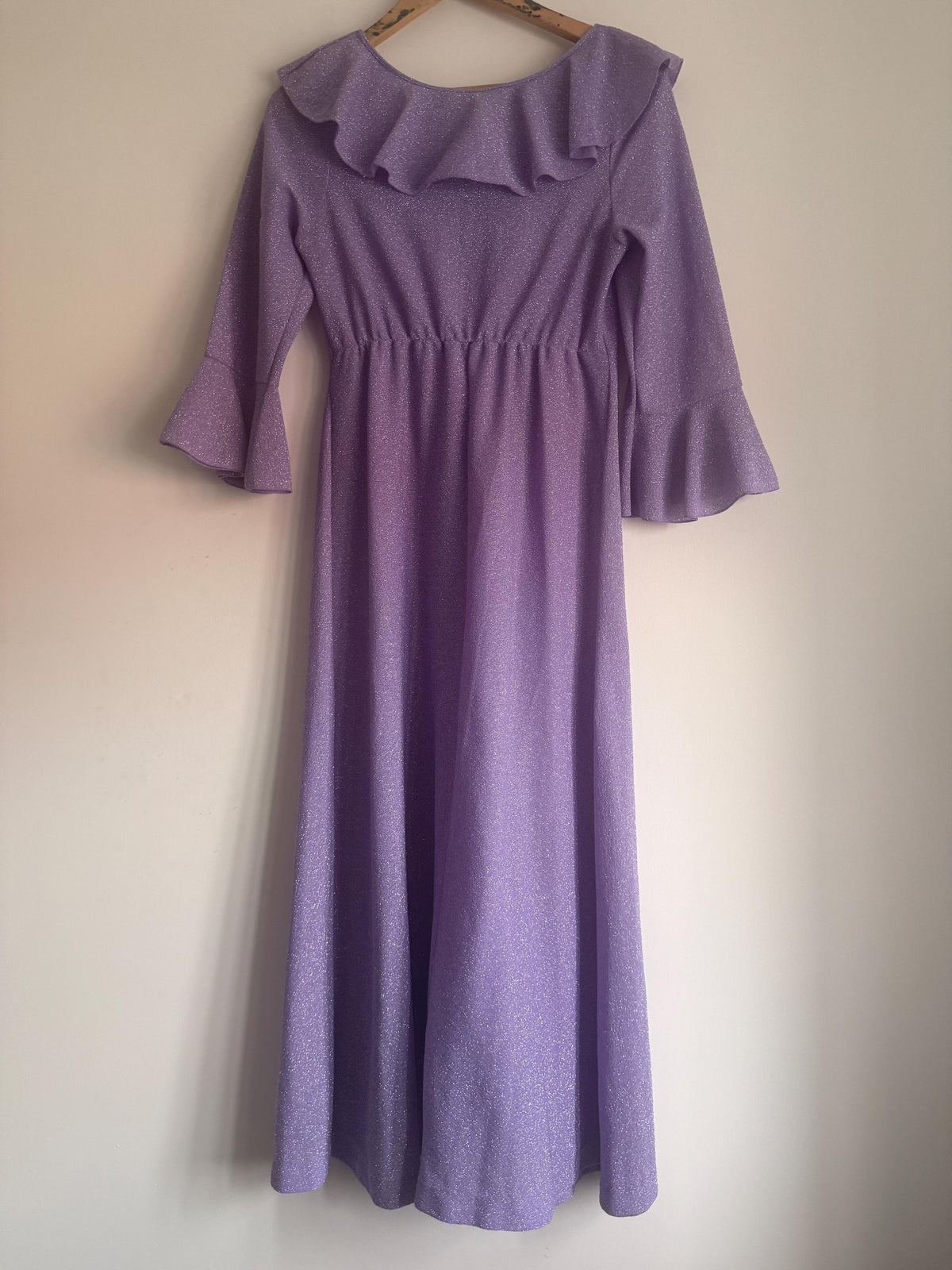 1970s St Michael Lilac Lurex Maxi Dress, Sparkle Ruffle Bell Sleeve Gown