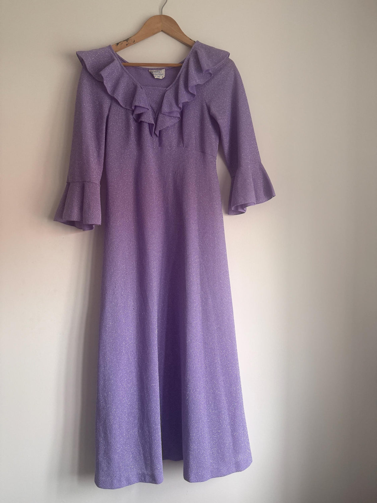 1970s St Michael Lilac Lurex Maxi Dress, Sparkle Ruffle Bell Sleeve Gown
