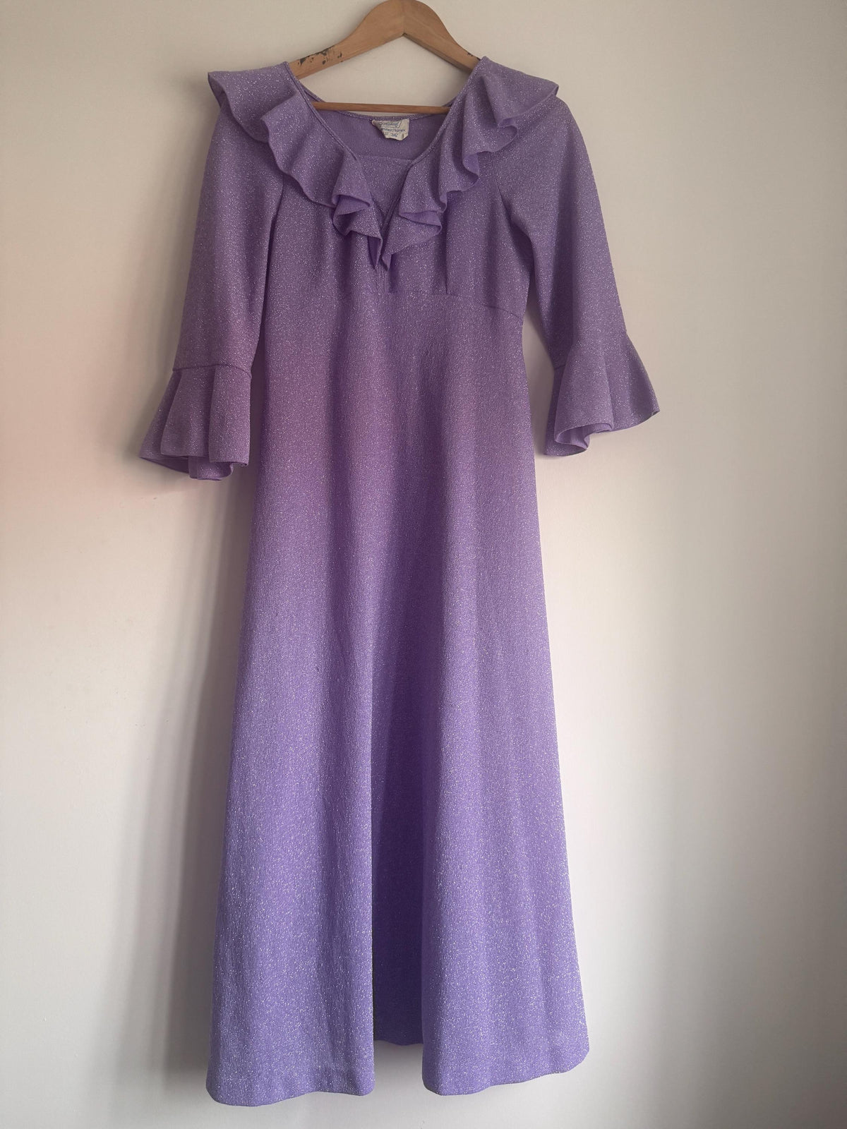 1970s St Michael Lilac Lurex Maxi Dress, Sparkle Ruffle Bell Sleeve Gown