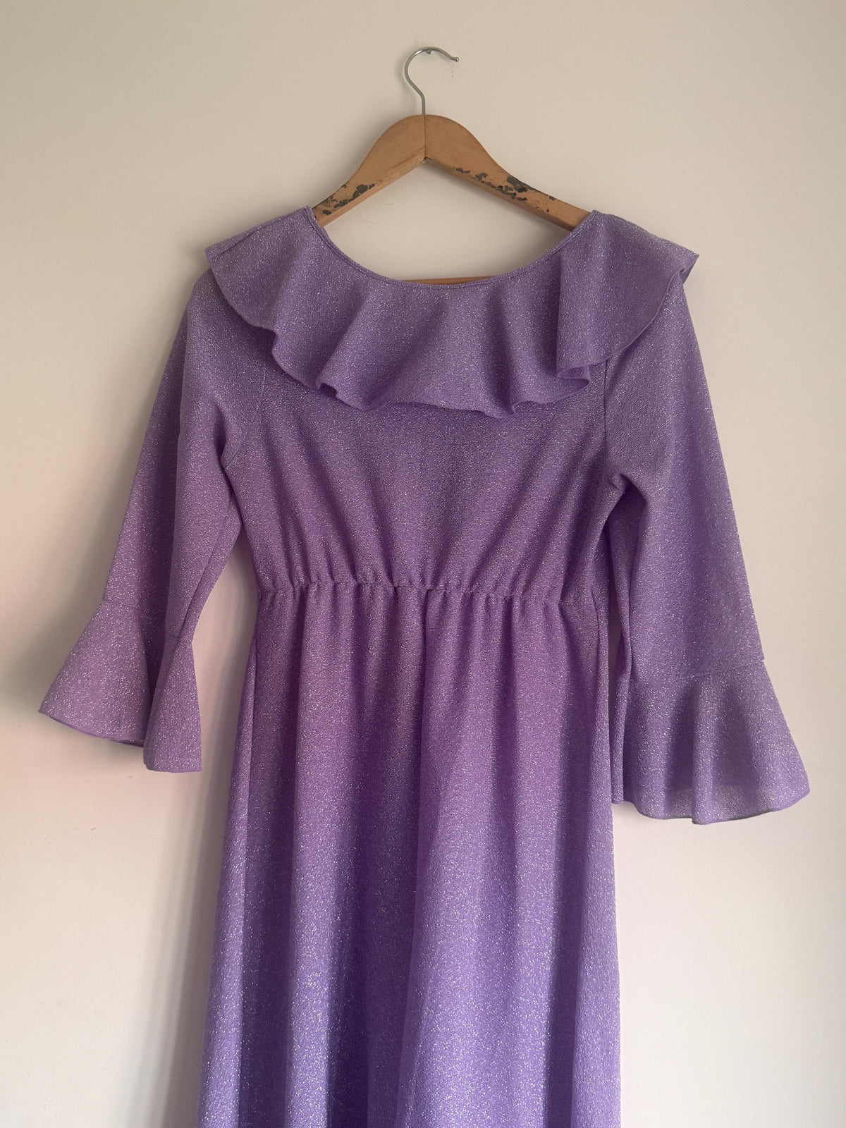 1970s St Michael Lilac Lurex Maxi Dress, Sparkle Ruffle Bell Sleeve Gown