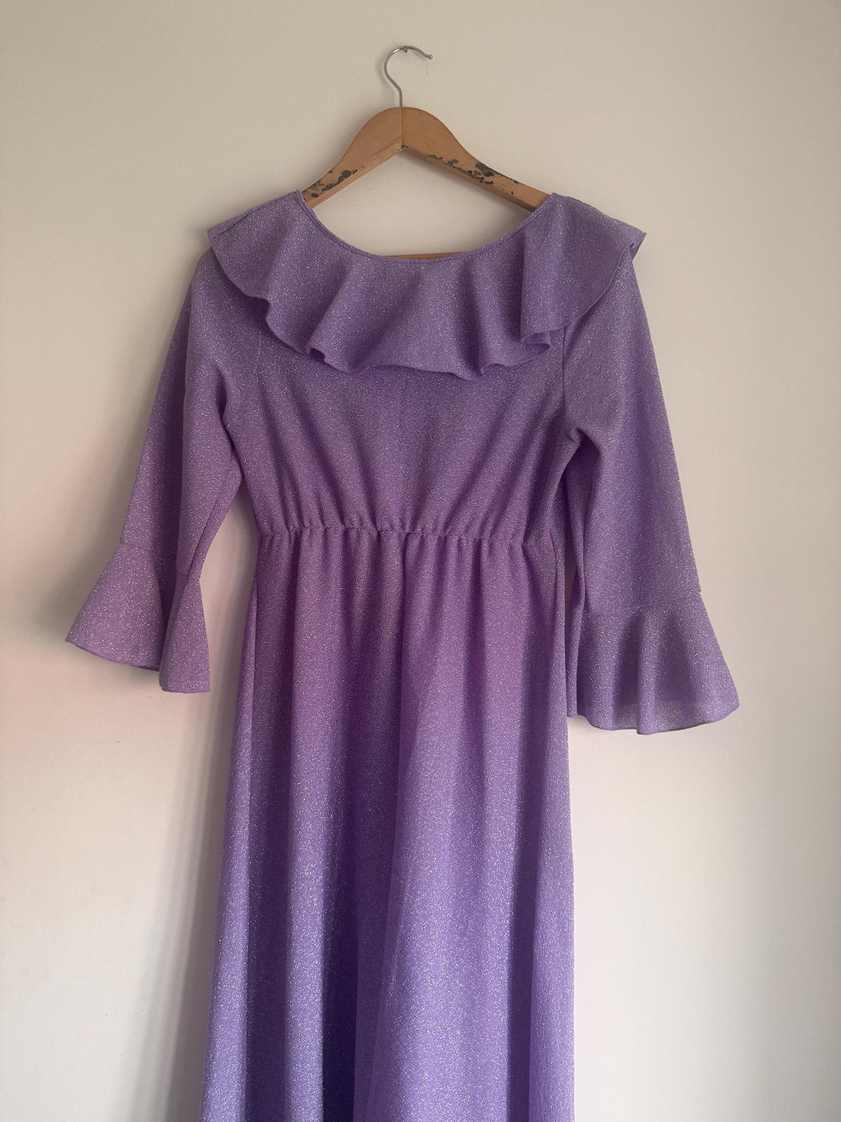 1970s St Michael Lilac Lurex Maxi Dress, Sparkle Ruffle Bell Sleeve Gown