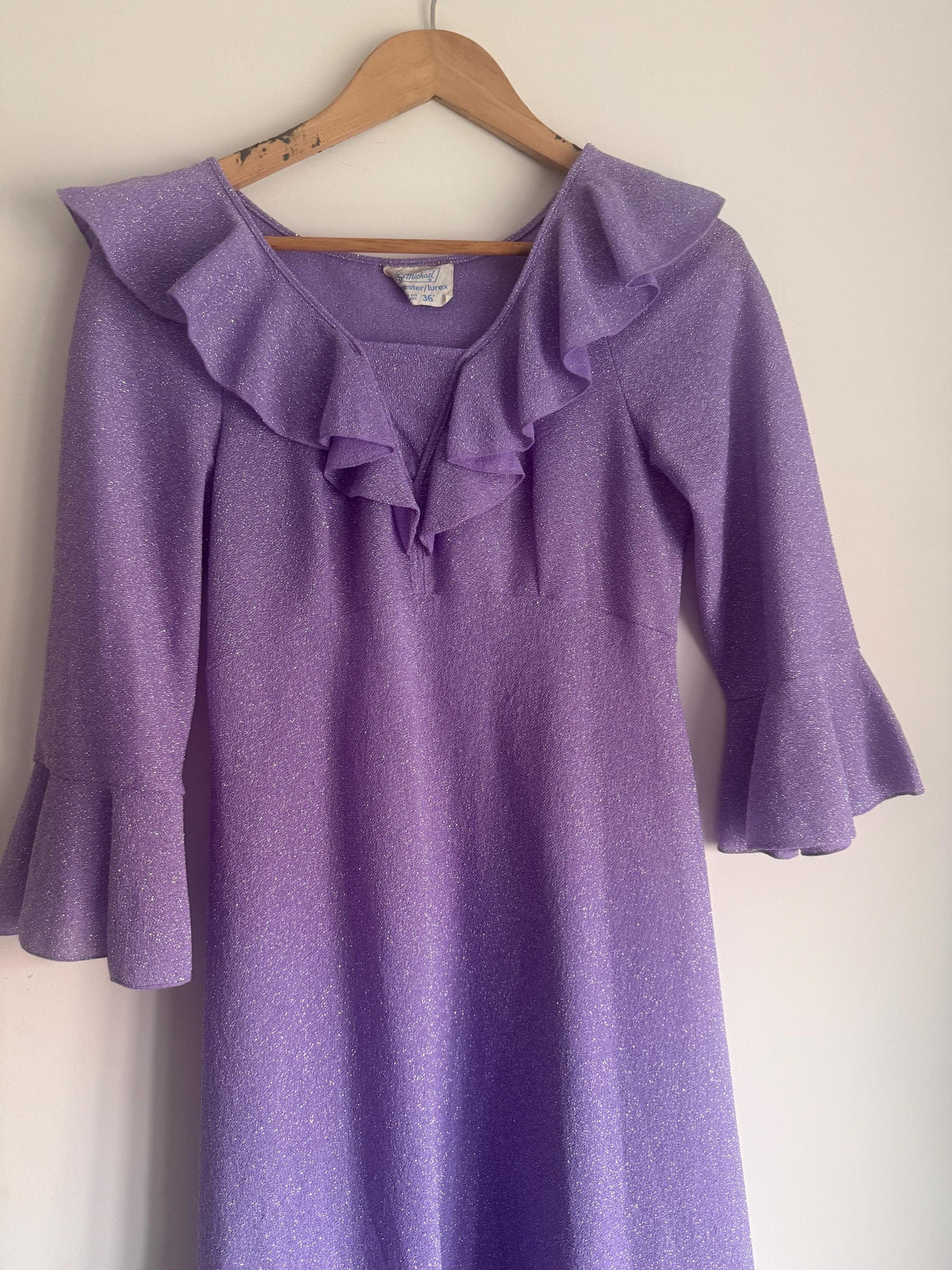 1970s St Michael Lilac Lurex Maxi Dress, Sparkle Ruffle Bell Sleeve Gown