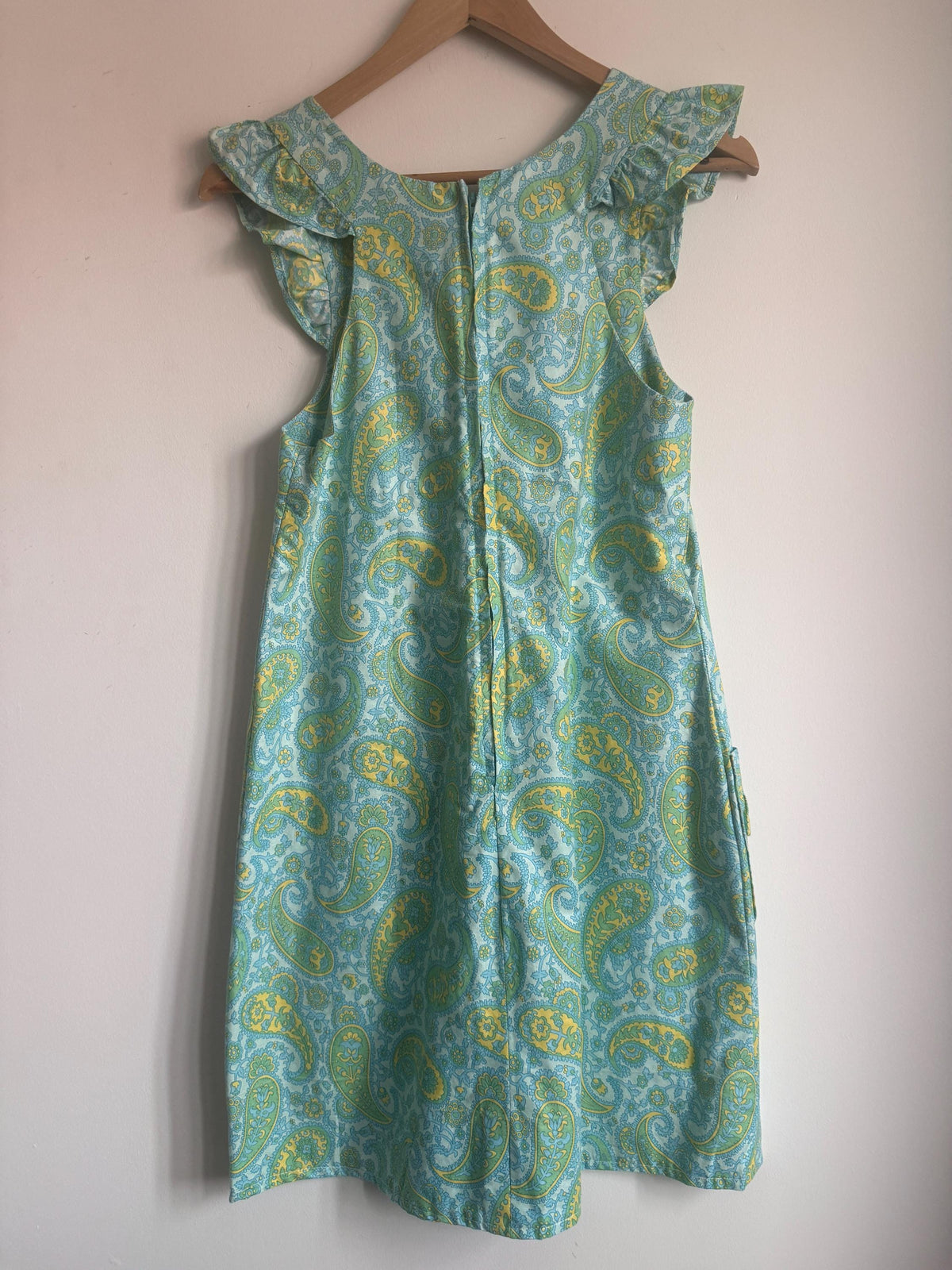 1960s Paisley Shift Dress, Aqua Green Yellow Cotton Dress, Ruffle Shoulder Mini Dress, Vintage Mod Summer Dress with Pockets