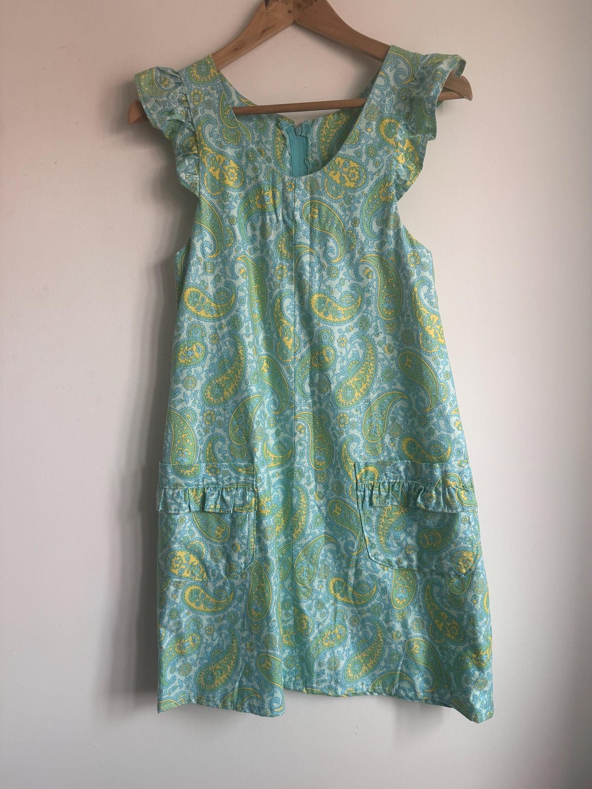 1960s Paisley Shift Dress, Aqua Green Yellow Cotton Dress, Ruffle Shoulder Mini Dress, Vintage Mod Summer Dress with Pockets