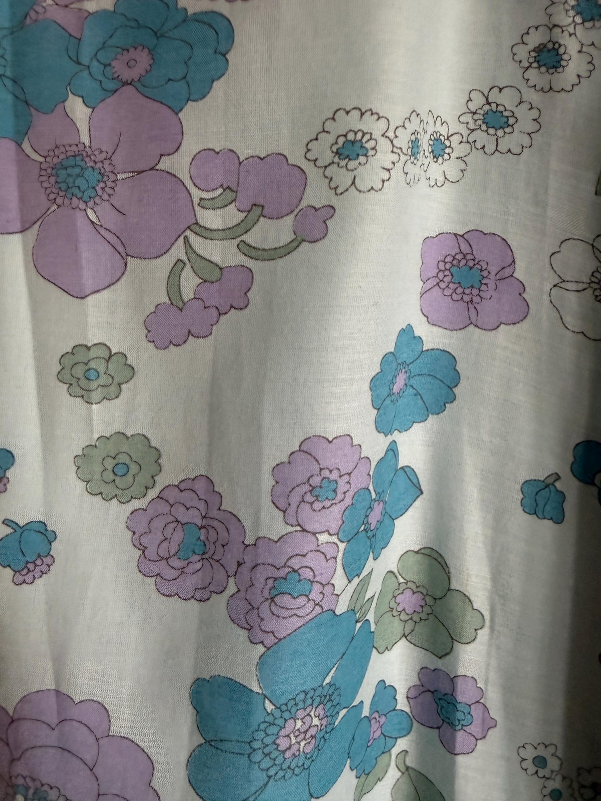 1970s Aqua Blue Floral Maxi Dress, Empire Line Puff Sleeve Dress, Lilac Turquoise Flower Print, Vintage Boho Wedding Guest Gown