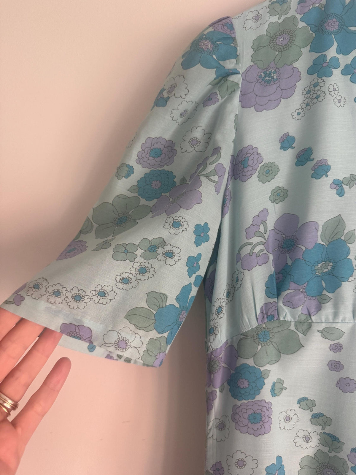 1970s Aqua Blue Floral Maxi Dress, Empire Line Puff Sleeve Dress, Lilac Turquoise Flower Print, Vintage Boho Wedding Guest Gown