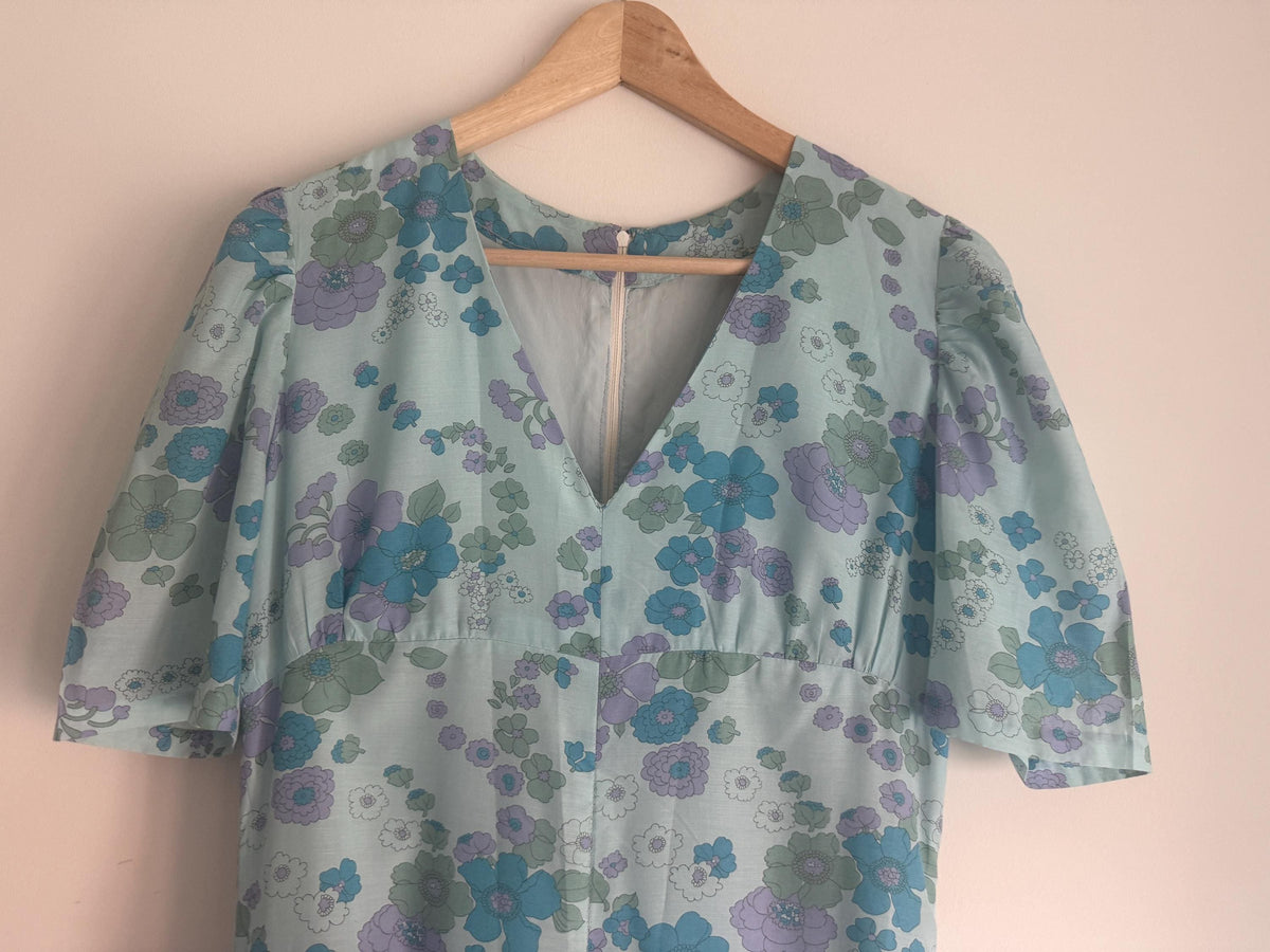 1970s Aqua Blue Floral Maxi Dress, Empire Line Puff Sleeve Dress, Lilac Turquoise Flower Print, Vintage Boho Wedding Guest Gown