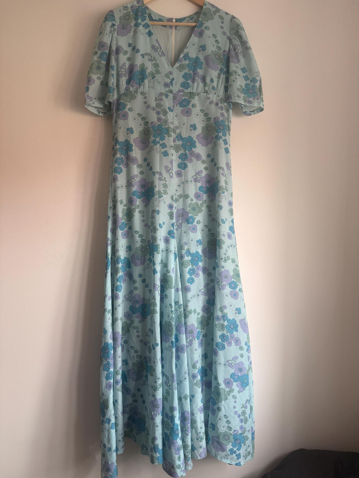 1970s Aqua Blue Floral Maxi Dress, Empire Line Puff Sleeve Dress, Lilac Turquoise Flower Print, Vintage Boho Wedding Guest Gown