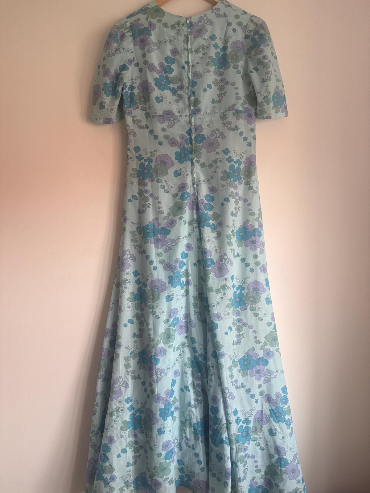 1970s Aqua Blue Floral Maxi Dress, Empire Line Puff Sleeve Dress, Lilac Turquoise Flower Print, Vintage Boho Wedding Guest Gown