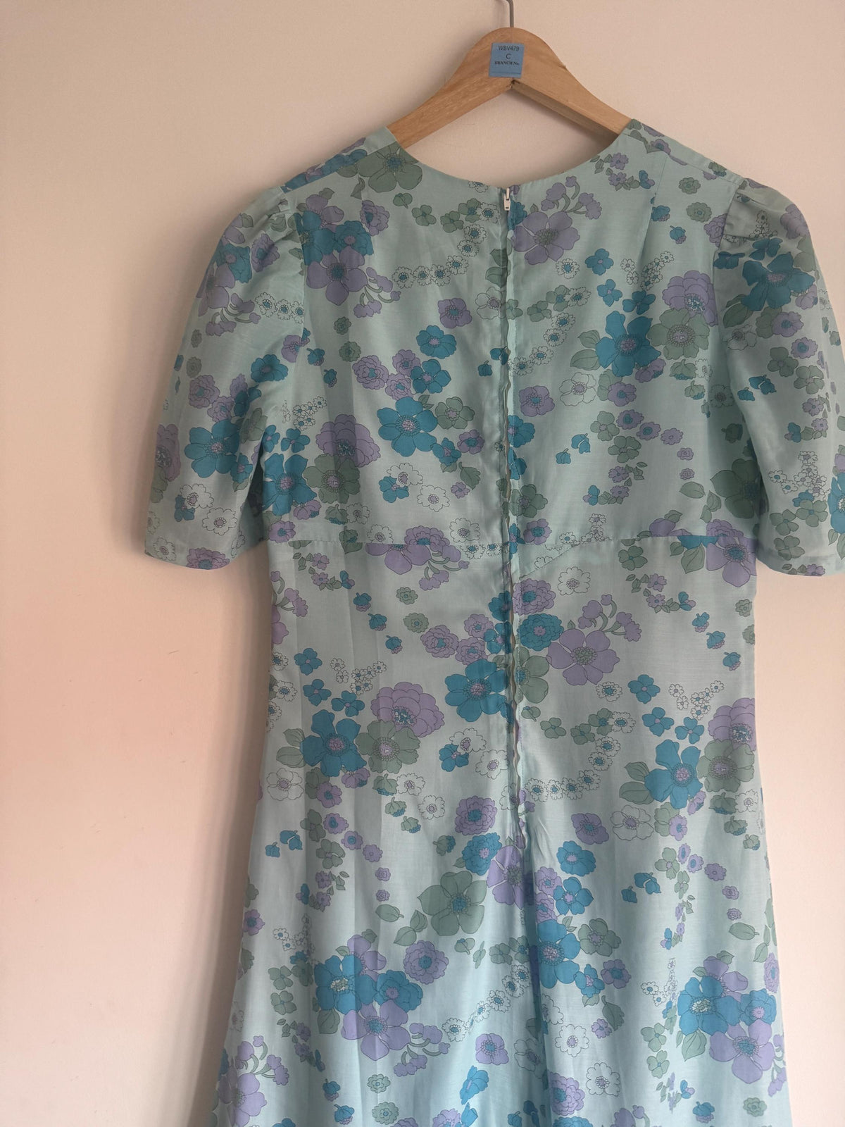 1970s Aqua Blue Floral Maxi Dress, Empire Line Puff Sleeve Dress, Lilac Turquoise Flower Print, Vintage Boho Wedding Guest Gown
