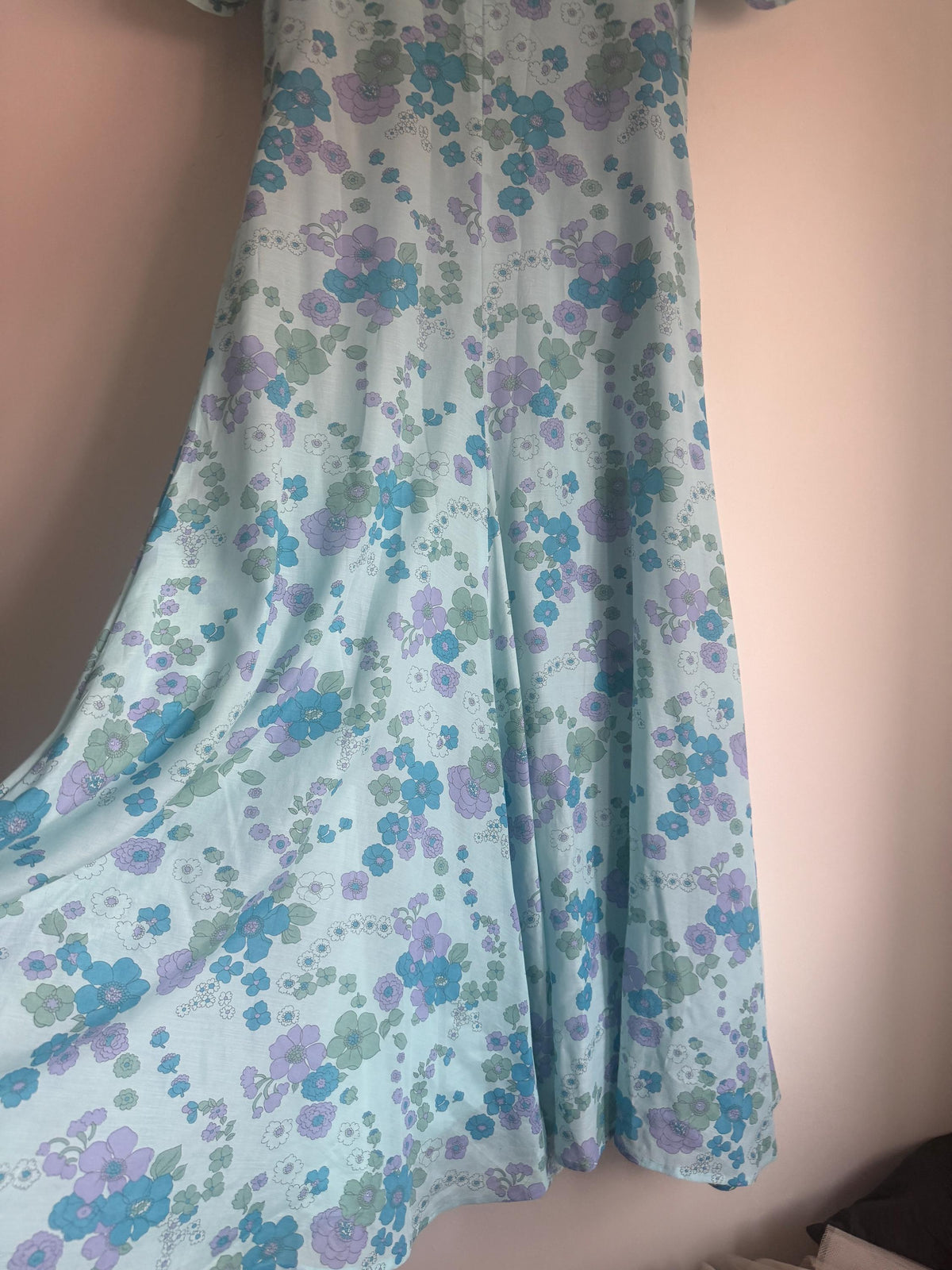 1970s Aqua Blue Floral Maxi Dress, Empire Line Puff Sleeve Dress, Lilac Turquoise Flower Print, Vintage Boho Wedding Guest Gown