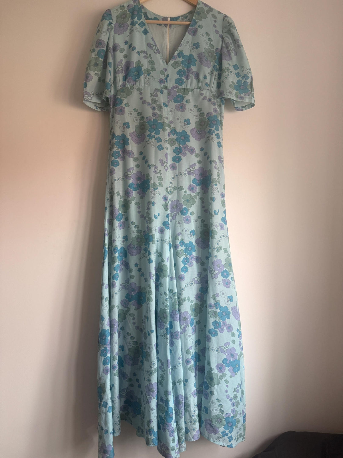 1970s Aqua Blue Floral Maxi Dress, Empire Line Puff Sleeve Dress, Lilac Turquoise Flower Print, Vintage Boho Wedding Guest Gown
