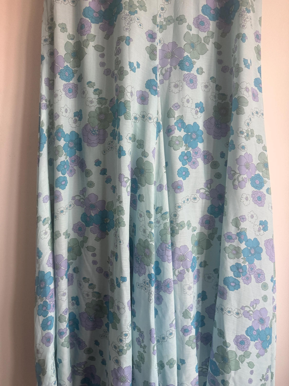 1970s Aqua Blue Floral Maxi Dress, Empire Line Puff Sleeve Dress, Lilac Turquoise Flower Print, Vintage Boho Wedding Guest Gown