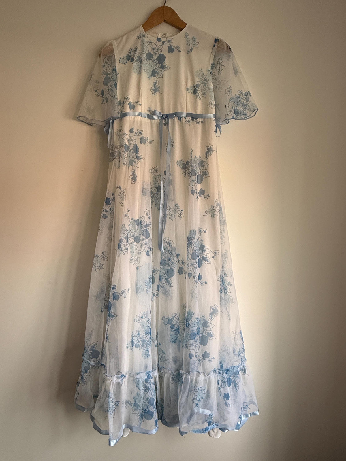 1970s White Blue Floral Maxi Dress, Sheer Cape Sleeve Empire Line Dress, Vintage Wedding Bridesmaid Dress, Cottagecore Gown