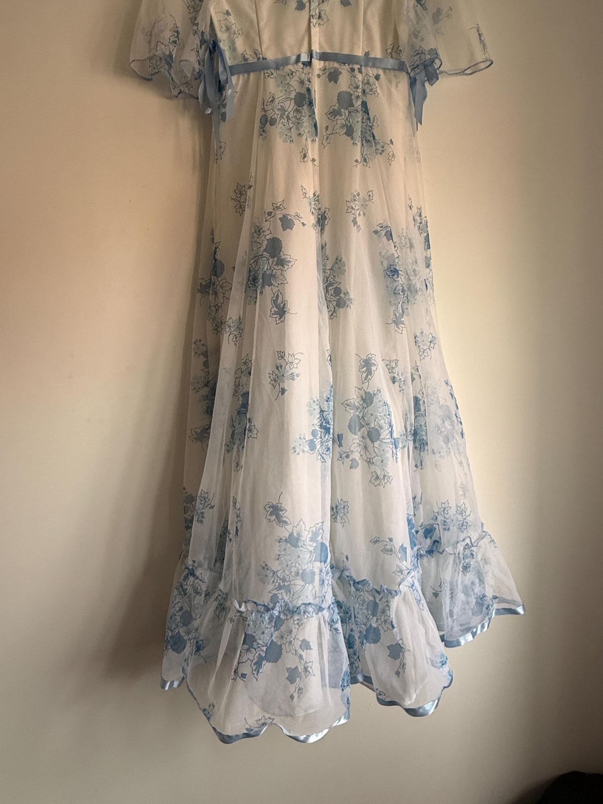 1970s White Blue Floral Maxi Dress, Sheer Cape Sleeve Empire Line Dress, Vintage Wedding Bridesmaid Dress, Cottagecore Gown