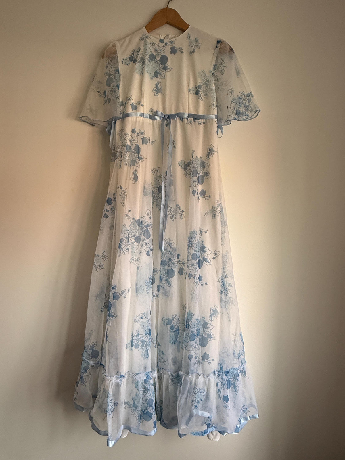 1970s White Blue Floral Maxi Dress, Sheer Cape Sleeve Empire Line Dress, Vintage Wedding Bridesmaid Dress, Cottagecore Gown