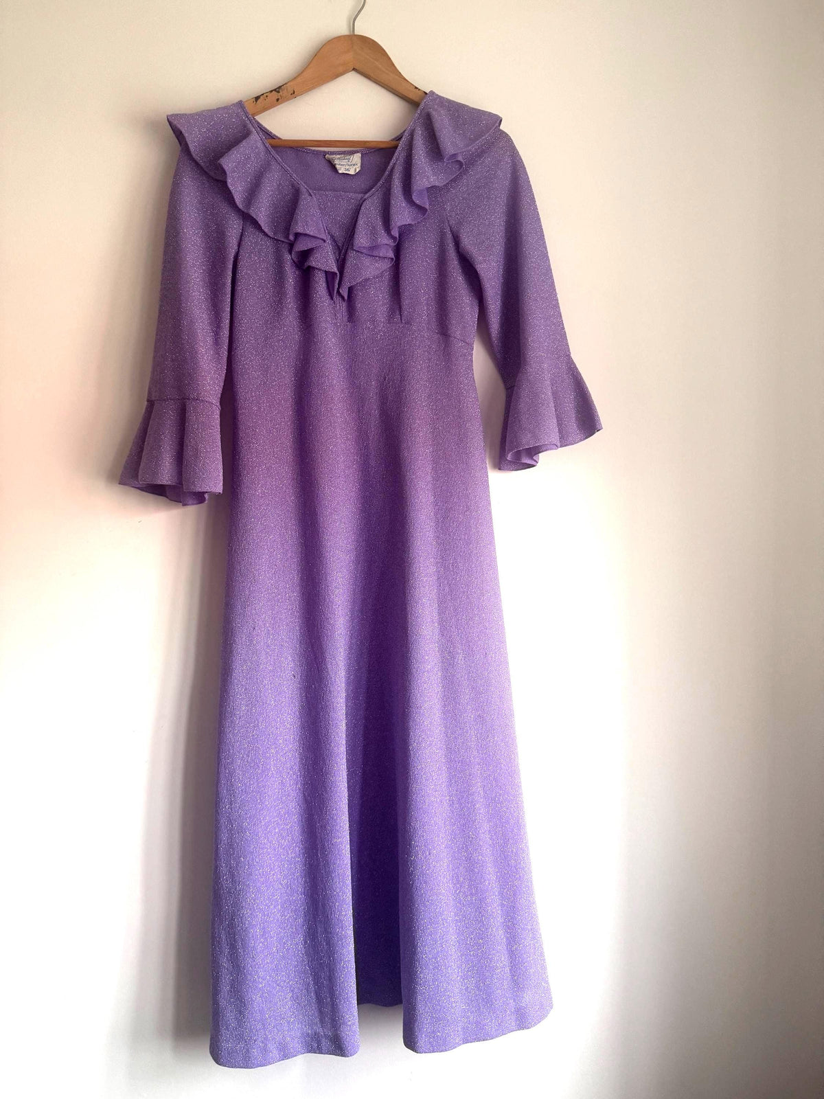 1970s St Michael Lilac Lurex Maxi Dress, Sparkle Ruffle Bell Sleeve Gown