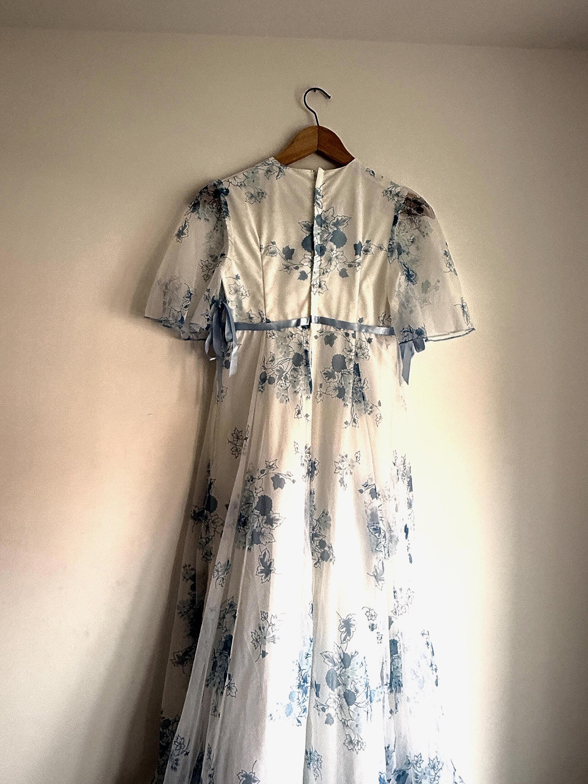 1970s White Blue Floral Maxi Dress, Sheer Cape Sleeve Empire Line Dress, Vintage Wedding Bridesmaid Dress, Cottagecore Gown