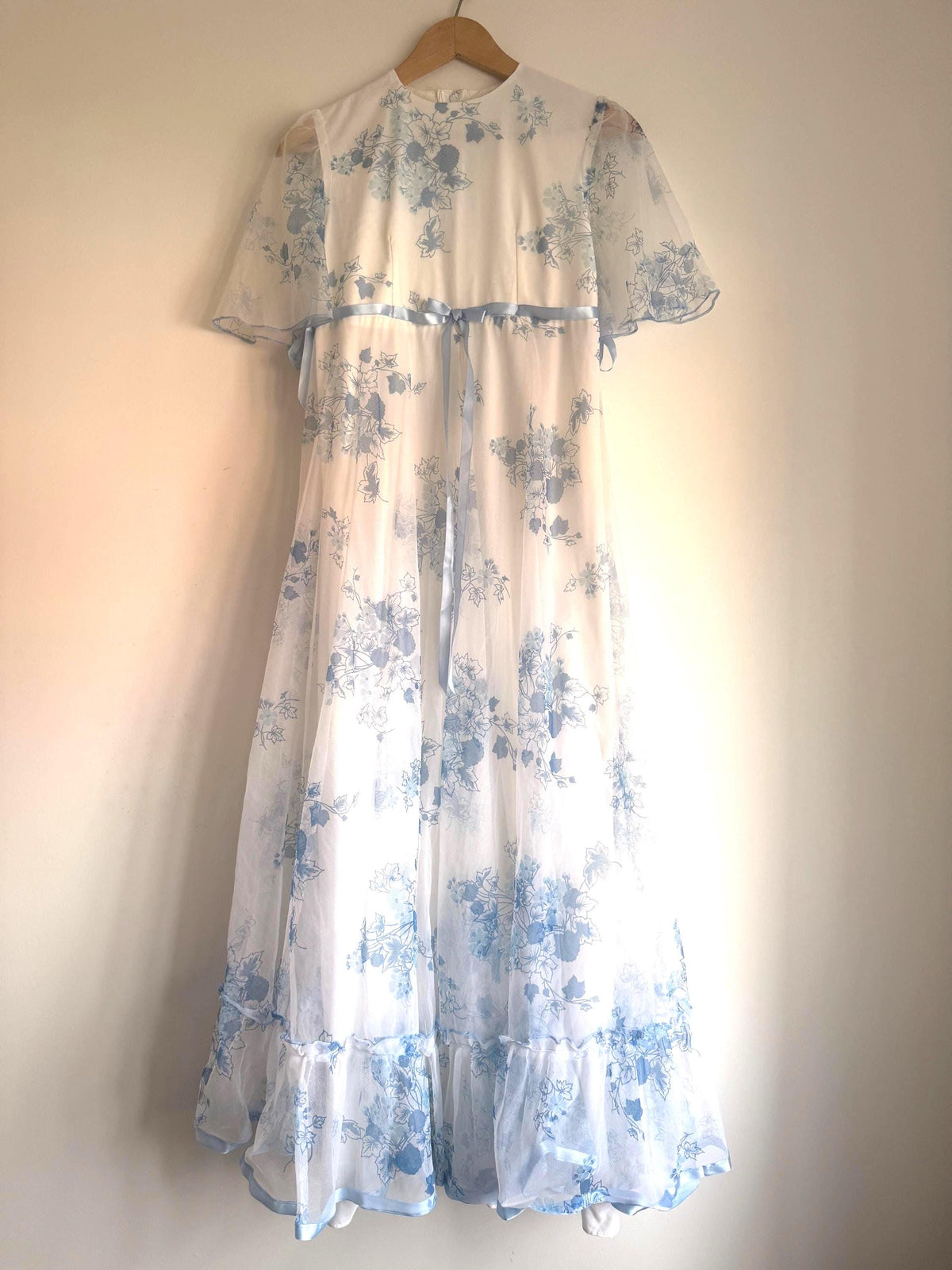 1970s White Blue Floral Maxi Dress, Sheer Cape Sleeve Empire Line Dress, Vintage Wedding Bridesmaid Dress, Cottagecore Gown