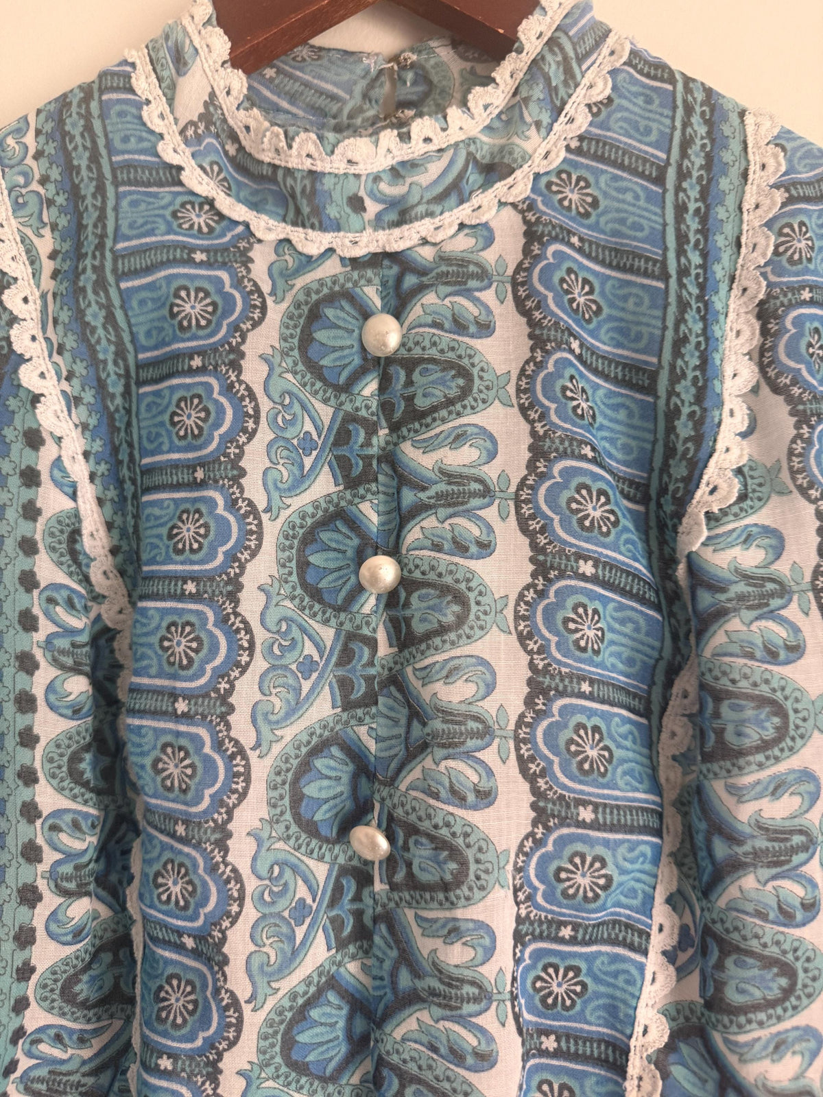 Vintage 1970s Blue Paisley Maxi Dress – Dacron Prairie Dress, Lace Trim High Neck, Cottagecore Folk Dress
