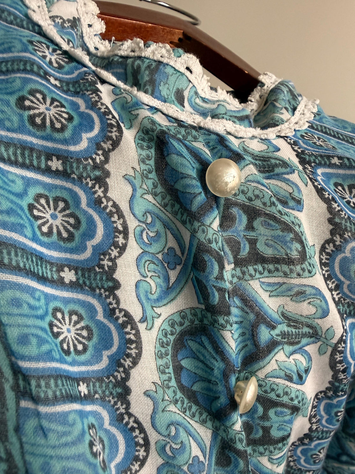 Vintage 1970s Blue Paisley Maxi Dress – Dacron Prairie Dress, Lace Trim High Neck, Cottagecore Folk Dress