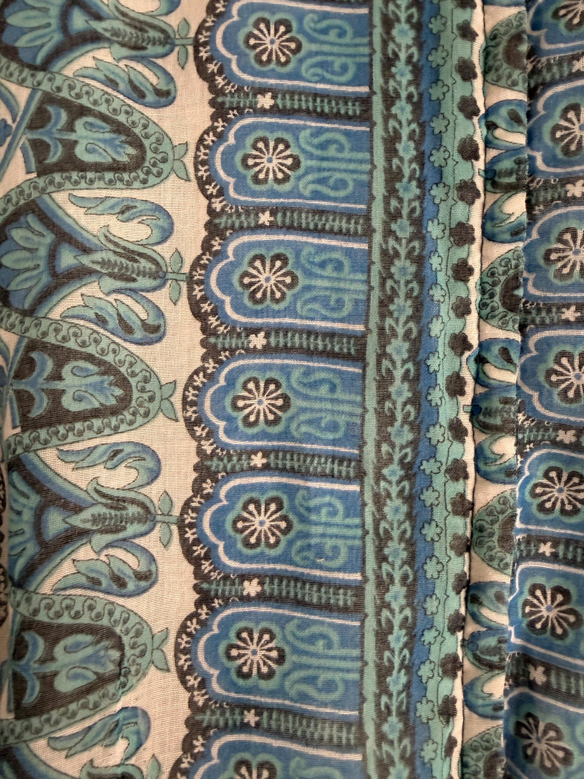Vintage 1970s Blue Paisley Maxi Dress – Dacron Prairie Dress, Lace Trim High Neck, Cottagecore Folk Dress