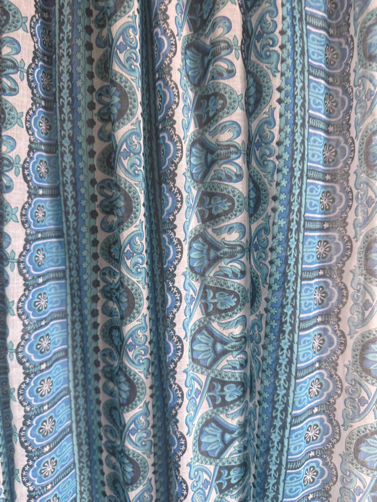 Vintage 1970s Blue Paisley Maxi Dress – Dacron Prairie Dress, Lace Trim High Neck, Cottagecore Folk Dress
