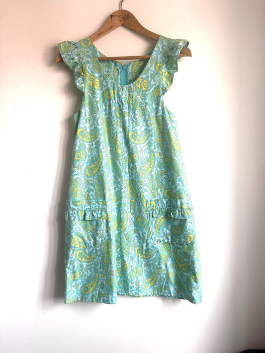 1960s Paisley Shift Dress, Aqua Green Yellow Cotton, Ruffle Shoulder Mini Dress with Pockets
