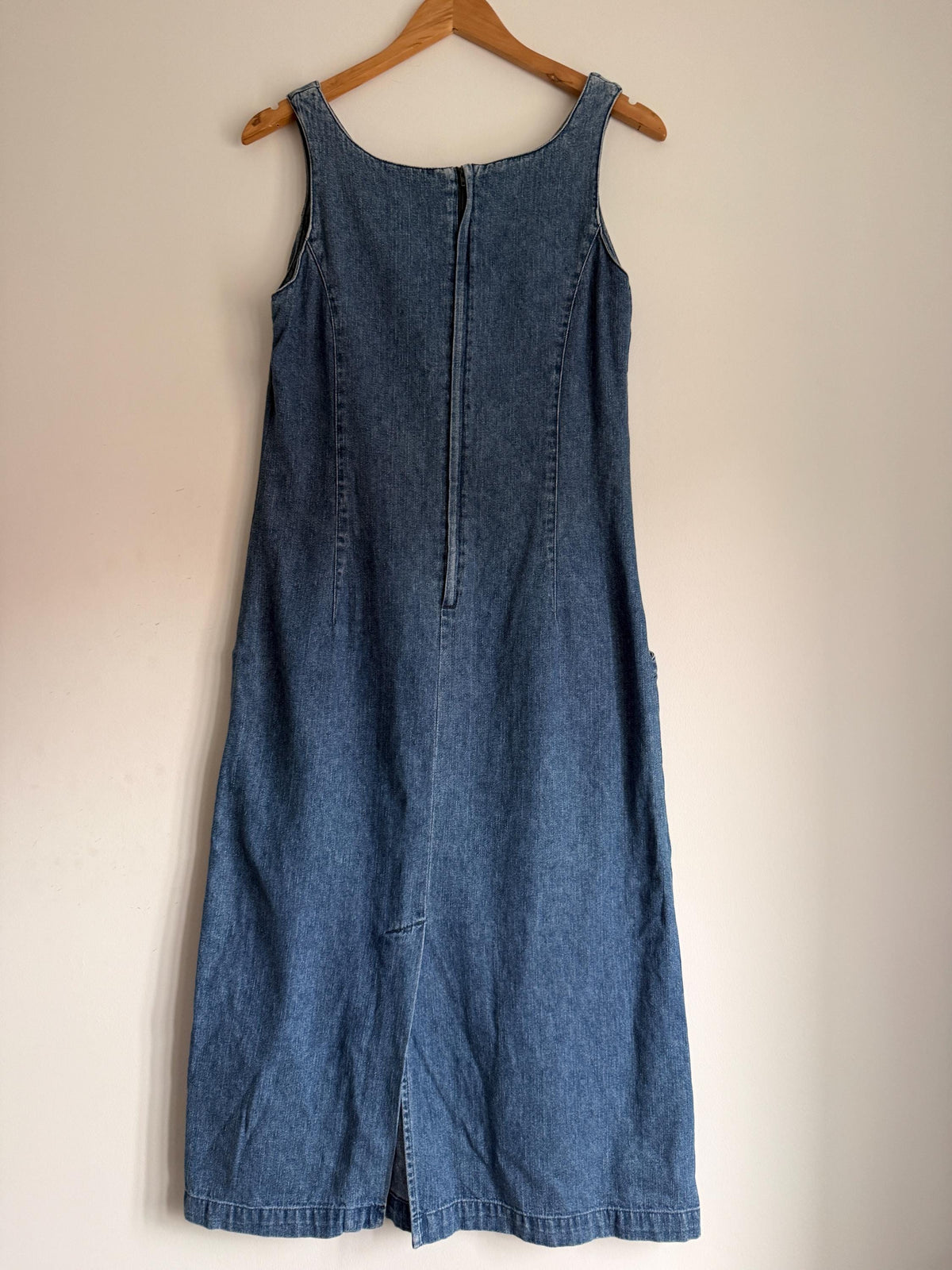 Vintage 1990s Blue Denim Maxi Dress – Sleeveless Pinafore Dress with Large Pockets
