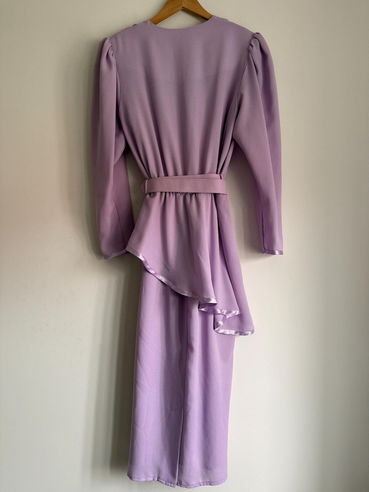 Vintage 1980s Berkertex Occasions Lilac Maxi Dress UK 14 – Draped Peplum Belted Evening Gown
