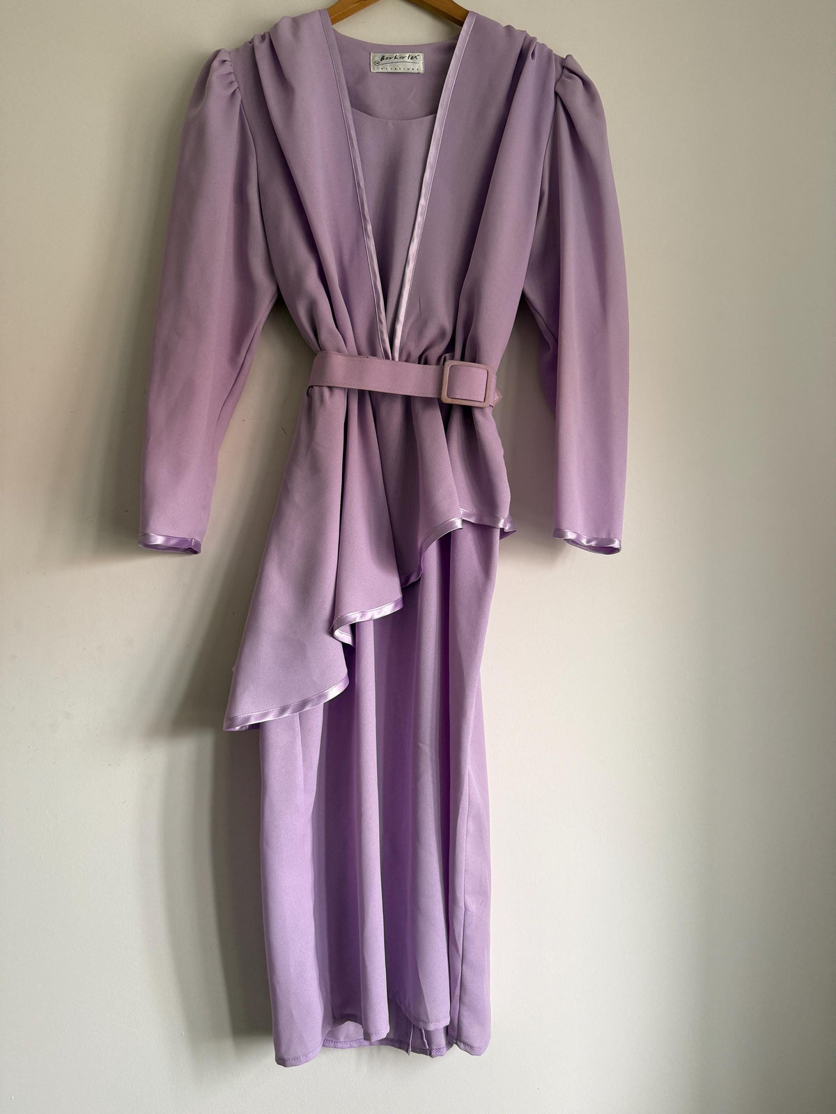 Vintage 1980s Berkertex Occasions Lilac Maxi Dress UK 14 – Draped Peplum Belted Evening Gown