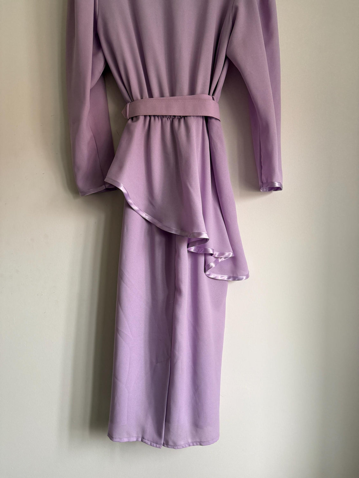 Vintage 1980s Berkertex Occasions Lilac Maxi Dress UK 14 – Draped Peplum Belted Evening Gown