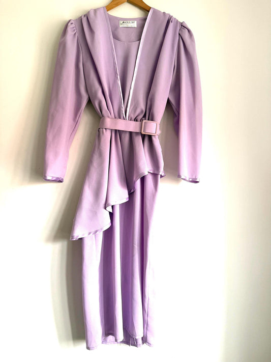 Vintage 1980s Berkertex Occasions Lilac Maxi Dress UK 14 – Draped Peplum Belted Evening Gown