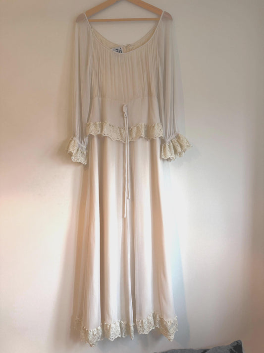 Vintage 1970s Kati at Laura Phillips Ivory Lace Prairie Maxi Dress Boho Bridal